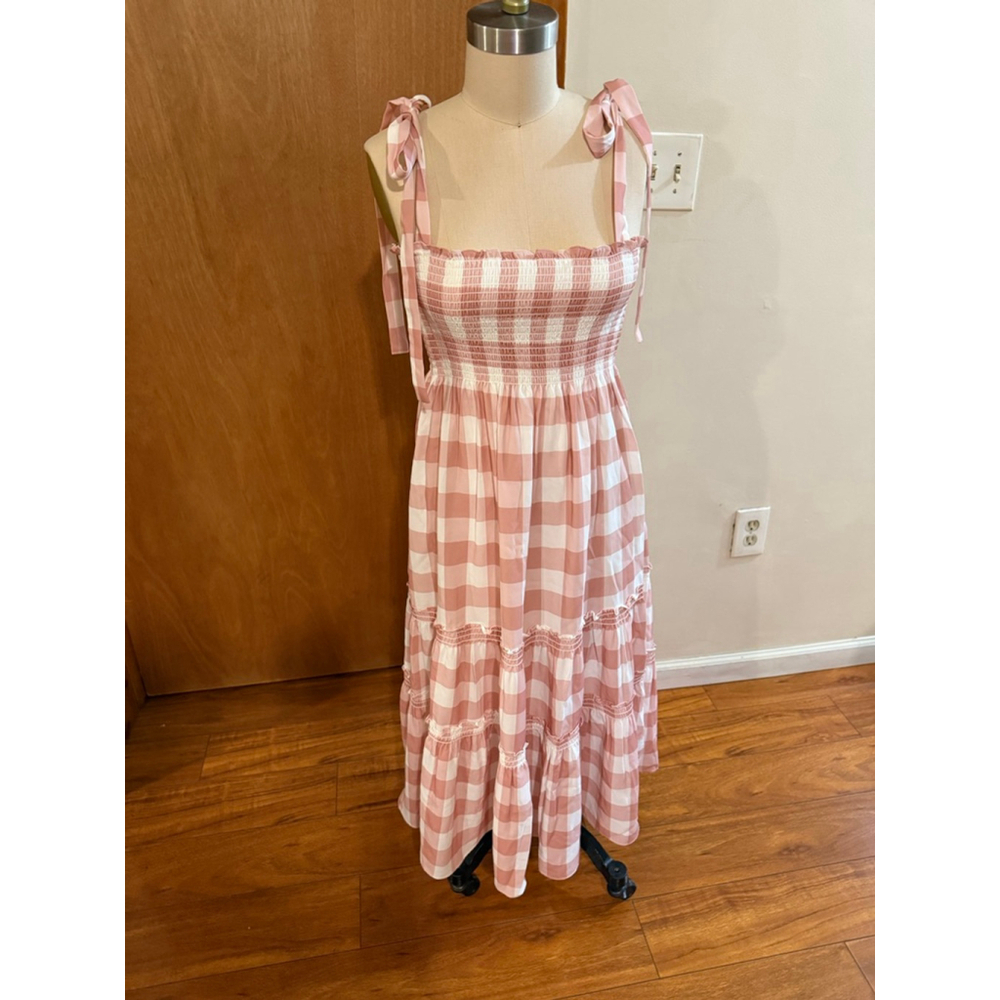 Women's o.p.t Pink White Gingham Tiered Maxi Dress S